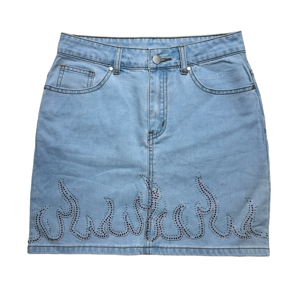 Superdown Revolve Rhinestone Flame Denim Mini Ski… - image 2